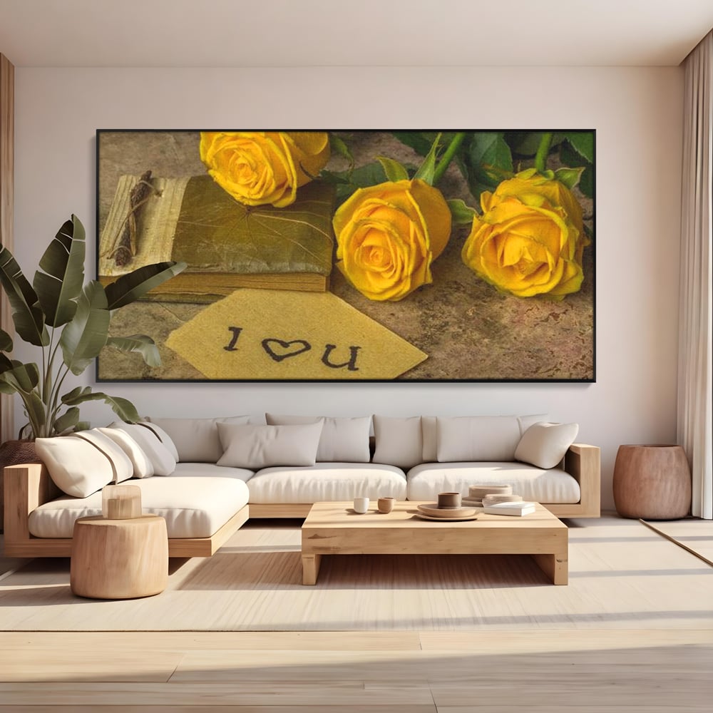 Tablou canvas cu tablou canvas cu trandafiri galbeni si jurnal, in rama de aluminiu negru, pe perete intr-un living